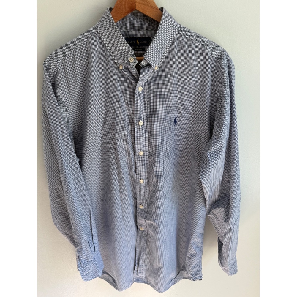 Ralph Lauren Mens Classic Fit Gingham Button Down Shirt‎ Blue White 16.5 32-33